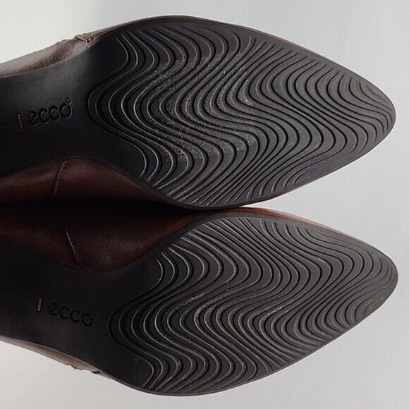 ECCO Tall Tan Brown Leather Heeled Boots Strap  Buckle Zip Feature Size 37 - Picture 13 of 16